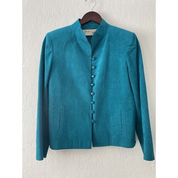 Vintage Teal Ultra Suede Lilli Ann Petites Jacket/Blazer Lucite Buttons Padded M - Picture 1 of 12